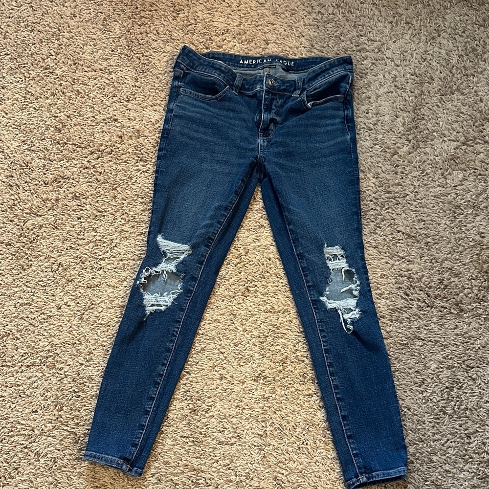 American Eagle Outfitters Women's Dark Blue Ripped Skinny Jeans